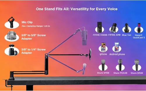 Vista 7 de mic brazo de palo ajustable con abrazadera de montaje de escritorio tornillo adaptador gestión de cables, para Audio-Technica shure sm58 beta58 sm7b