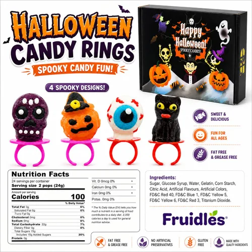 Vista 2 de Fruidles 12 anillos de dulces de Halloween, caramelos duros, envueltos individualmente (paquete de 12)
