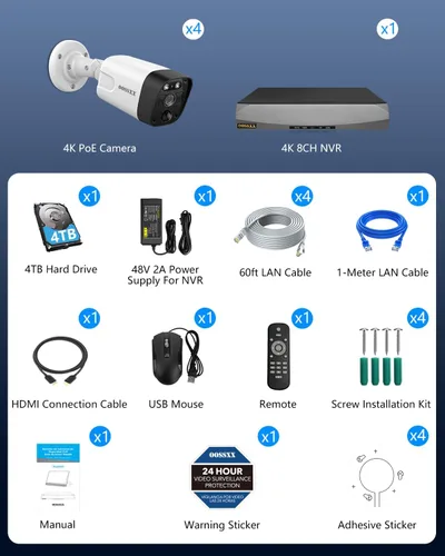 Vista 9 de (Actualización 2026) Sistema de cámara de seguridad 4K PoE con detección humana PIR e IA, NVR de 8 canales con disco duro de 4 TB, 4 cámaras, ultra