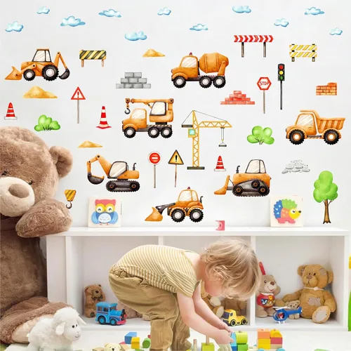 Vista 3 de Calcomanías de pared para automóvil, camión, construcción, vehículos, calcomanías de pared de dibujos animados, acuarela, calcomanías de tractor