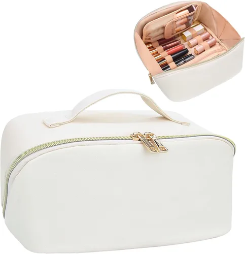 Vista 27 de Relavel Bolsa de maquillaje pequeña para mujer y niña, bolsa de maquillaje y brochas portátil de 2 capas, organizador de brochas de regalo de Navidad