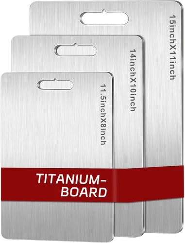 Vista 9 de Juego de 3 tablas de cortar de titanio, 3 tablas de cortar de acero inoxidable, tablas de cortar antiadherentes de doble cara de grado alimenticio
