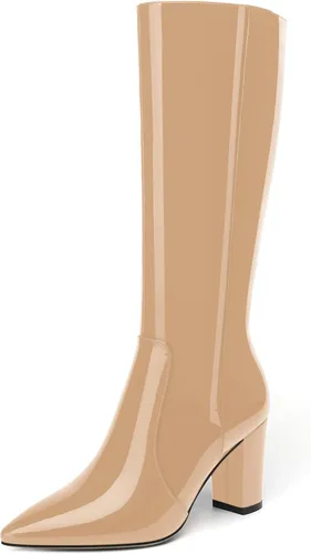 Vista 64 de AMBELIGHT Botas altas hasta la rodilla con cremallera y puntera puntiaguda para mujer, de patente sólida, tacón alto, 3.3 pulgadas