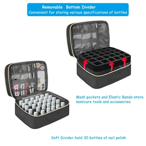 Vista 4 de Estuche de transporte de esmalte de uñas, bolsa de almacenamiento de esmalte de uñas de doble capa, se adapta a lámpara secadora de uñas y 30 Negro