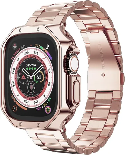 Vista 11 de Compatible con Apple Watch Banda y Estuche, Cadena de Metal de Acero Inoxidable con Cubierta de TPU, Correa de Pulsera de Eslabones