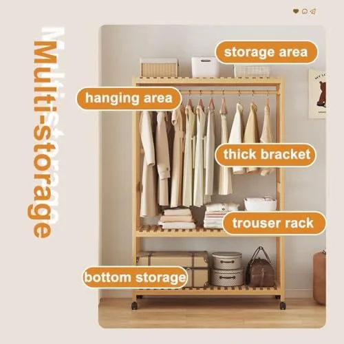 Vista 3 de Portable Bamboo Clothes Rack with Shelves - Free Standing Wooden Wardrobe, Rolling Garment Rack for Bedroom, Adjustable Multi-Storage Organizer with