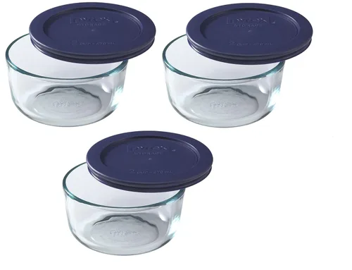 Vista 2 de Pyrex 7200 tazón de vidrio de 2 tazas y tapa oscura azul 7200-PC (paquete de 3) - Hecho en EE. UU