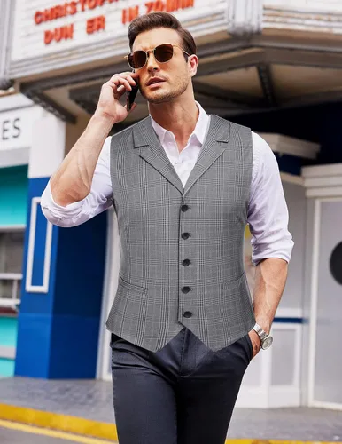 Vista 2 de COOFANDY Chaleco de traje de negocios para hombre, ajustado, para boda, fiesta, cena