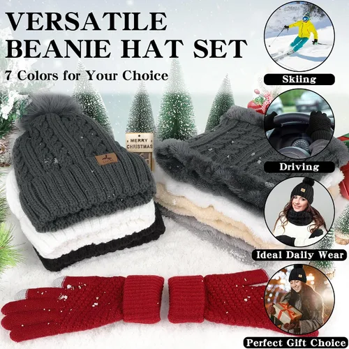 Vista 8 de Winter Beanie Hat Scarf Gloves Set, Soft Fleece Knit Hat Warm Touchscreen Gloves Neck Warmer Thick Scarves Gifts for Women