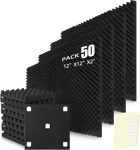 Vista 8 de Paquete de 12 paneles acústicos de espuma para paredes, paneles de absorción de sonido de 2 x 12 x 12 pulgadas, paneles insonorizados resistentes al