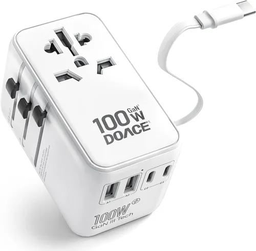 Vista 11 de DOACE - Adaptador de viaje universal GaN de 100 W con cable USB-C 6-in-1 Design, USB-C PD Fast Charging, European Plug Adapter Works in 200+