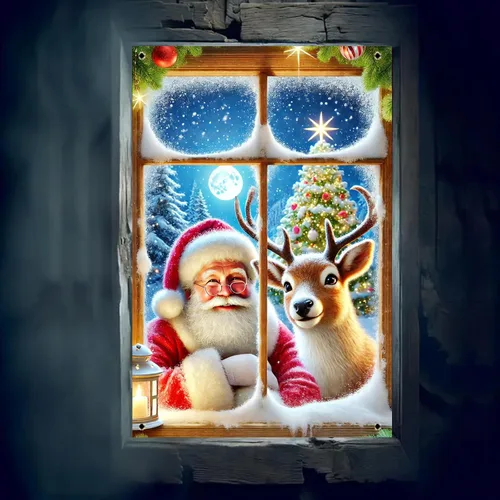 Vista 6 de BlissYard Cubierta de ventana de Navidad de 31 x 47 pulgadas, Papá Noel y reno, escena de nieve de invierno, decoración de vacaciones, fondo festivo