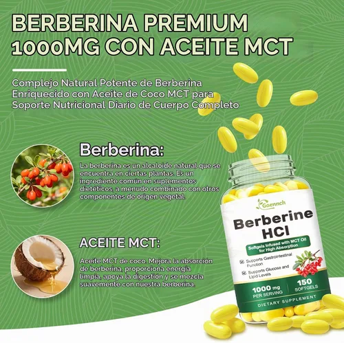 Vista 4 de Berberine HCl 1000mg, 150 Softgels Plus MCT Oil for Berberine Absorption