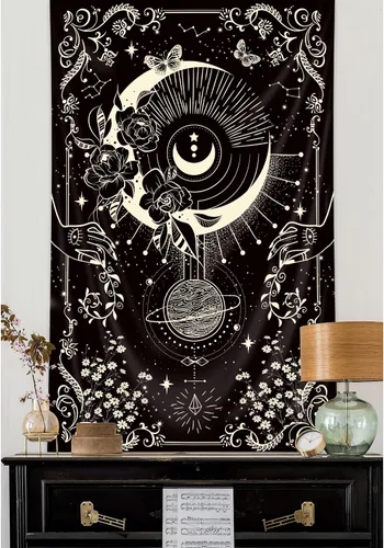 Vista 11 de Riyidecor Tapiz vertical de mujer misteriosa de fase lunar, bohemio, pequeño, gótico, para colgar en la pared, plantas florales, hojas estrelladas