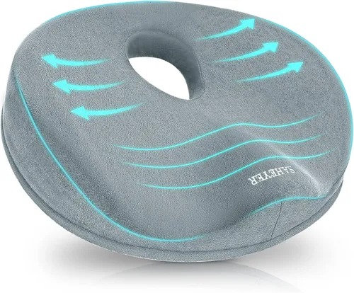 Vista 10 de SAHEYER Almohada de dona para el dolor de coxis, almohada de espuma viscoelástica para hemorroides para nervio ciático, cojín de asiento de ciática