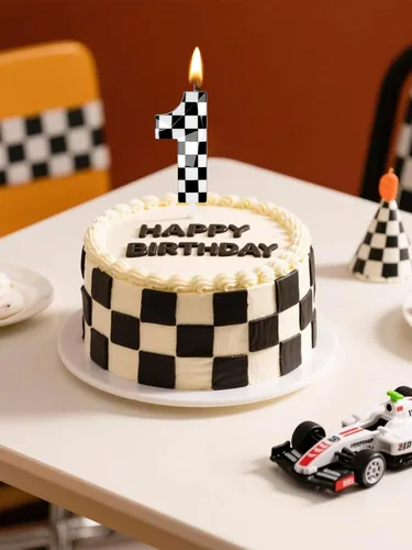 Vista 5 de Velas de cumpleaños de autos de carreras número 1, velas de cumpleaños a cuadros negros y blancos de 2.68 pulgadas, velas con números con temática