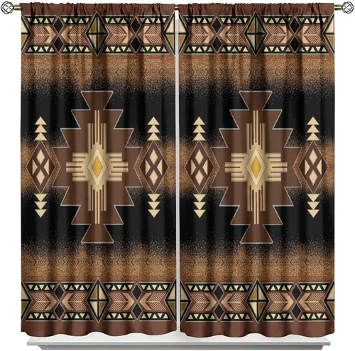 Vista 343 de Cortinas con patrón geométrico tribal, estilo suroeste, azteca, rústico, occidental, nativo americano, opacas, con bolsillo para barra, decoración