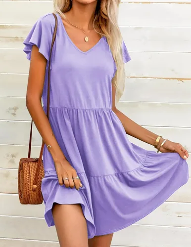 Vista 2 de HOTOUCH Vestido casual escalonado con bolsillos, cuello en V, con volantes, manga casquillo, vestido acampanado