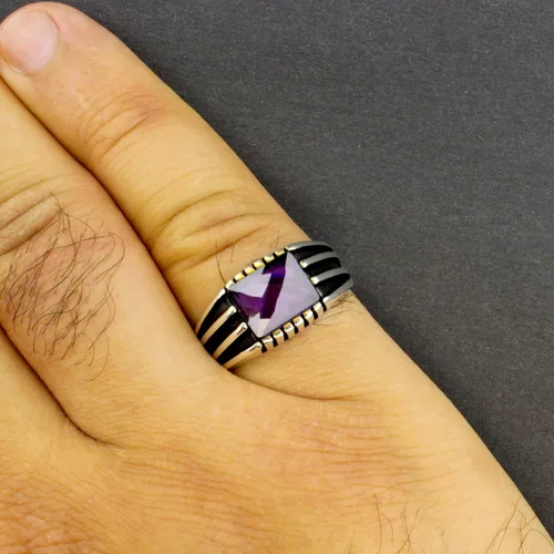 Vista 3 de Anillo de lujo de plata de ley 925 sólida para hombre con piedra de amatista simulada púrpura transparente facetada, Metal Metal Piedra, Amatista