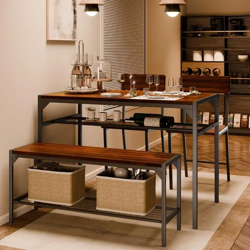 Vista 2 de SUNLEI Mesa de comedor para 4 personas con 2 sillas y un banco de almacenamiento, juego de mesa de cocina pequeño con estante para vino, escritorio