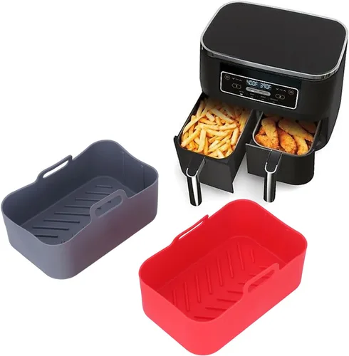 Vista 6 de Airshi Freidoras de silicona, cesta rectangular apta para lavavajillas, antiadherente, reutilizable, para la cocina del hogar (rojo y gris)