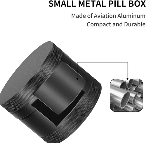 Vista 5 de Pastillero pequeño diario – Pastillero de metal portátil impermeable para bolsillo o bolso de aleación de aluminio redondo contenedor de píldoras