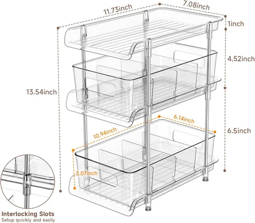 Vista 3 de Juego de 2 organizadores de baño transparentes de 3 niveles con divisores, organización y almacenamiento de despensa extraíble, organizadores