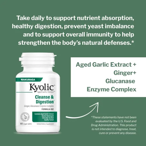 Vista 2 de Kyolic, Aged Garlic Extract, Formula de limpieza de candida y digestión, Fórmula 102, 200 cápsulas vegetarianas, 10242, 1, 1