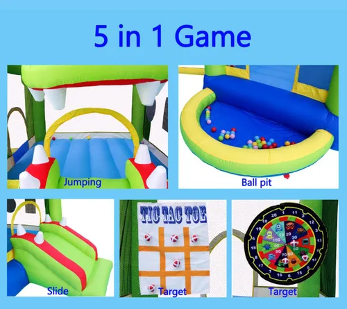 Vista 4 de Casa inflable con tobogán, castillo hinchable con soplador y casa de pelotas, juego de dos objetivos de dardos