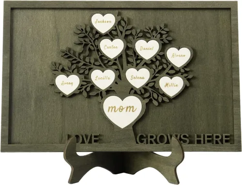 Vista 18 de Árbol genealógico con etiqueta de corazón, placas de madera grabadas personalizadas, regalos personalizados para madres, padres, escritorio, nombres