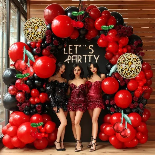 Vista 5 de Kit de arco de globos rojos y negros, guirnalda de globos con estampado de guepardo y cereza para cumpleaños, novia, baby shower, despedida de Negro