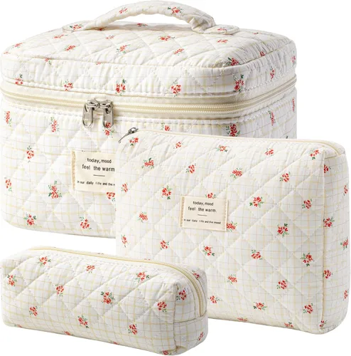 Vista 19 de HBselect Bolsa de Maquillaje Acolchada, 3 Piezas de Gran Bolsa de Maquillaje de Viaje de Algodón, Linda Bolsa de Maquillaje Floral Coquette, Bolsa