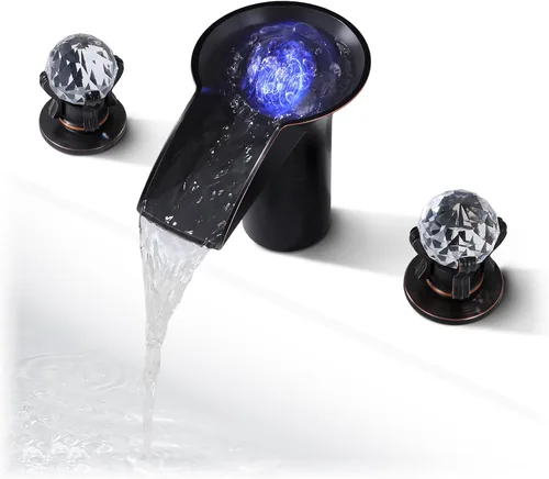 Vista 11 de SKOWLL Grifo de fregadero de baño de níquel cascada LED bola de cristal