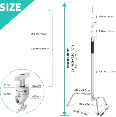 Vista 4 de Soporte en C de acero inoxidable resistente con brazo de pluma, soporte de fotografía ajustable de 3.3m/10.8 pies con brazo de sujeción de 1.3m/4.2