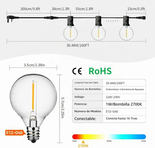 Vista 6 de Tira de luces para exteriores de 100 pies, impermeables, luces LED inastillables para exteriores, con certificación UL, iluminación