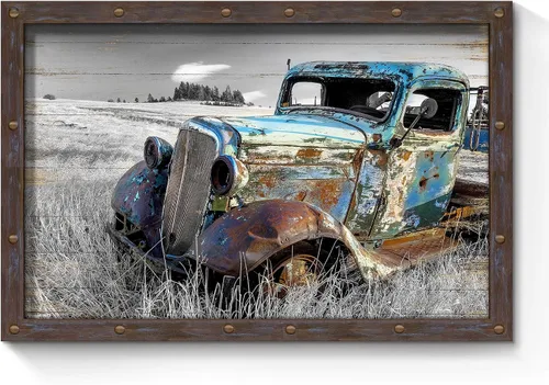 Vista 8 de SunFlax Arte de Lienzo de Pared de Carro Oxidado: Obra de Arte de Camión Azul Viejo Cuadro Rústico de Automóvil Pintura Vintage de Campo Antigua