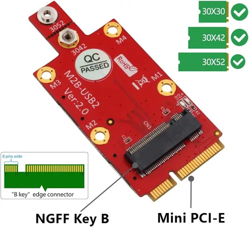 Vista 2 de HLT M.2 (NGFF) Key B a Mini PCI-E Adaptador con ranura para tarjeta Nano SIM dual