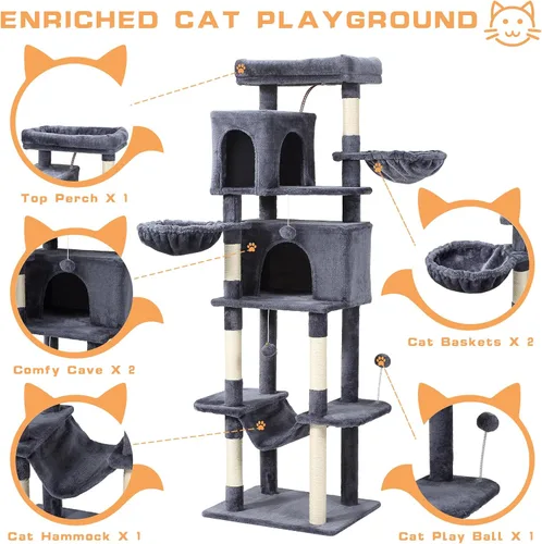 Vista 3 de Letkind Árbol para gatos de 70 pulgadas, torre grande para gatos con hamaca, poste rascador, condominio y torre para gatos de varios niveles