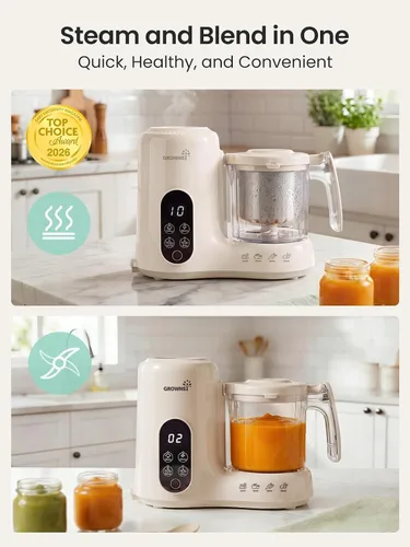 Vista 2 de Grownsy Fabricante de alimentos para bebés con cesta de vapor de acero Crema