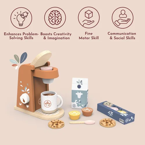 Vista 7 de SPEEDY MONKEY Juego de Máquina de Café de Madera para Niños – Certificado FSC Juego de Simulación de Cafetera Espresso, Conjunto de Café de Juego