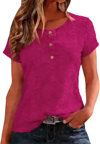 Vista 14 de Camiseta de manga corta con cuello redondo para mujer, blusa holgada con ojales, casual, holgada, para vacaciones, playa, lunares suizos