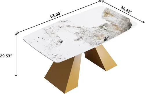 Vista 3 de Mesa de comedor moderna de 63 pulgadas, mesa de cocina rectangular con parte superior de piedra de mármol artificial y base de metal dorado, mesa