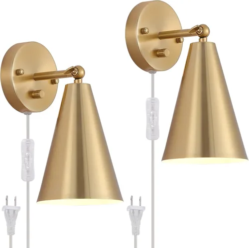 Vista 12 de MWZ Juego de 2 Apliques Dorados, Apliques de Pared Modernos de Latón con Pantalla de Metal, Lámpara de Brazo Oscilante de Montaje en Pared