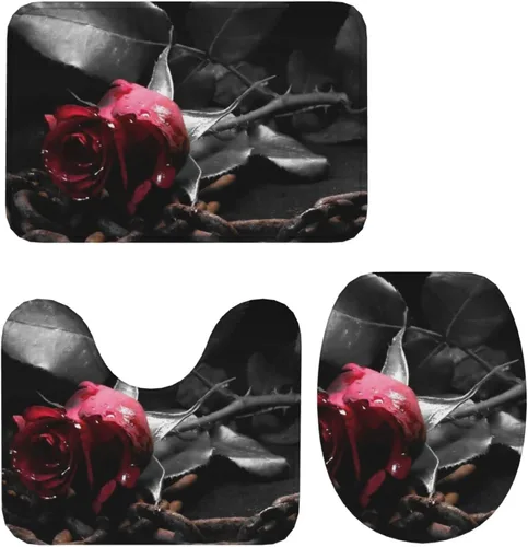 Vista 9 de FFEXS Juego de alfombras de baño de 3 piezas con estampado de rosas negras góticas, 1 alfombrilla rectangular para el suelo, 1 almohadilla de piso