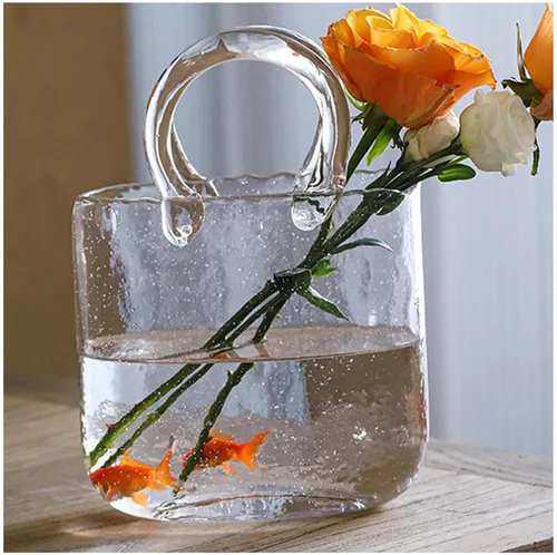 Vista 12 de Glass Bag Vase for Flowers, Glass Purse Vase Blowing by Hand Glass Flower Vase Purse Flower Vase, Glass Bag Vase for Decor,Style1-Blue