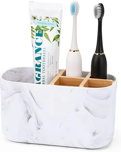 Vista 9 de GFWARE Soporte para cepillos de dientes negro – Portacepillos de dientes de bambú para baños, organizador de cepillos de dientes eléctrico