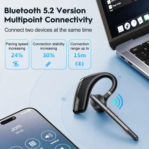 Vista 4 de New Bee Auriculares Bluetooth, auricular Bluetooth inalámbrico para teléfono celular con estuche de carga de 500 mAh, 80 horas de reproducción V5.2