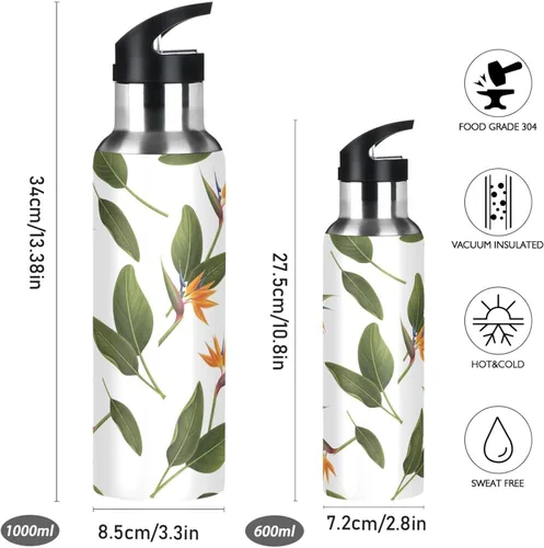 Vista 2 de BPA-Free Sport Water Bottle Insulated 32 Oz, Insulated Water Bottle for Gym Outdoor Travel School, Orange Flowers Green Leaves