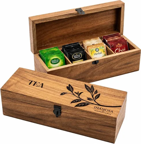 Vista 8 de Organizador de té de madera de acacia hecho a mano, caja de té de 4 compartimentos con grabado (floral clásico, 4 compartimentos)