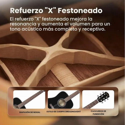 Vista 4 de Fender CD-60 Dreadnought - Guitarra acústica - Paquete negro con estuche duro, correa, afinador, cuerdas, púas, libro de instrucciones, lecciones